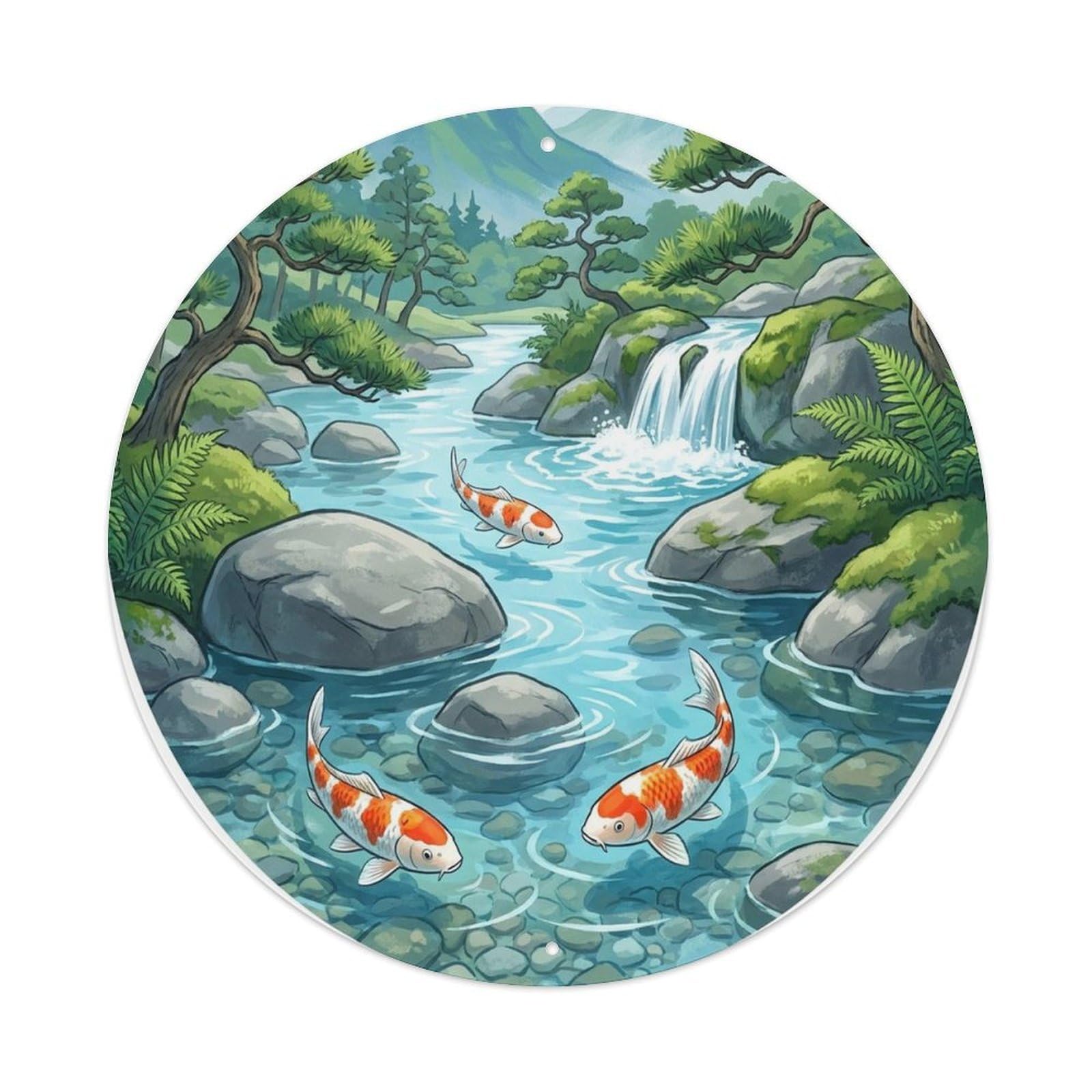 Stream Pond Koi Garden Scenic Water Zen Japanese Metal Tin Sign Plaque Wall Decor for Cafe, Man Cave, Club Bar, Office, Home Garden Round Metal Poster 8x8Inch