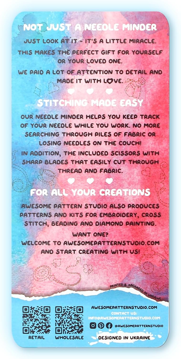 Awesome Pattern Studio Needle Minder Set - Alice's Adventures in Wonderland Castle Magnetic Needle Minder + 2 Needle Threaders + Crane Scissors. Enamel Pin for Cross Stitch, Embroidery and Craft