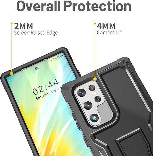 Miniatura 2 de FITO Funda para Samsung Galaxy S22 Ultra, doble capa a prueba de golpes, resistente, soporte integrado (negro)