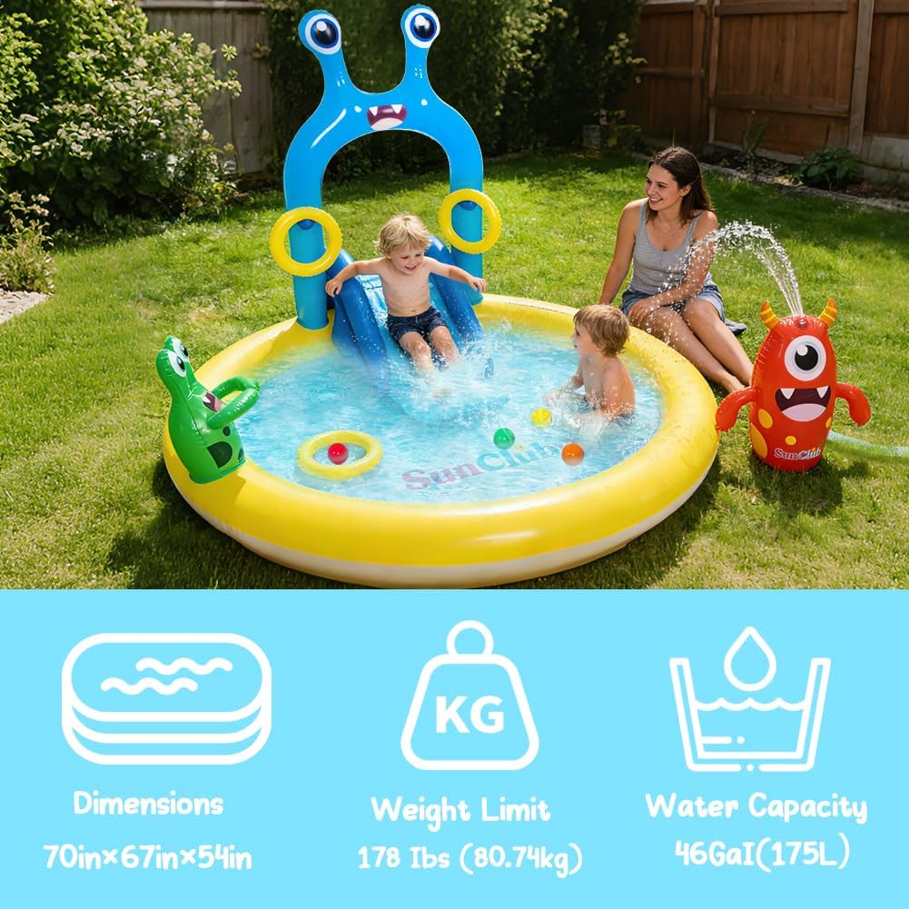 Inflatable Splash Pad for Kids - Monster Spray Pool Set with Slide Sprinkler Toss Rings & Balls, 70"x67"x54" Fun Outdoor Water Toy for Summer Backyard Seaside