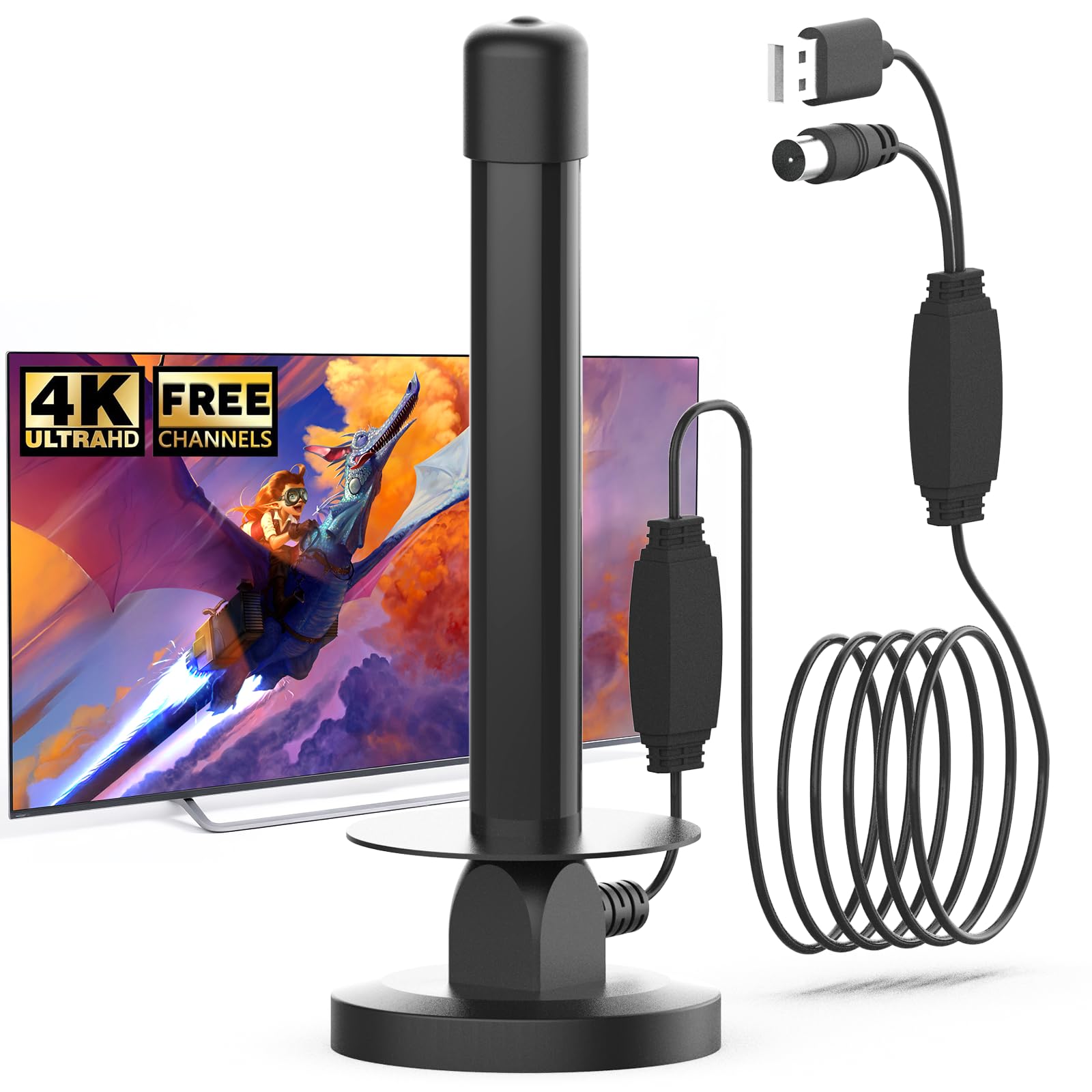 DVBT2 Antenne mit Verstärker Magnetfuß, Digitale TV Antenne Innen für Smart TV, Kompatibel mit Allen Fernsehern, 360° Empfang, Einfache Installation, 5m Koaxialkabel