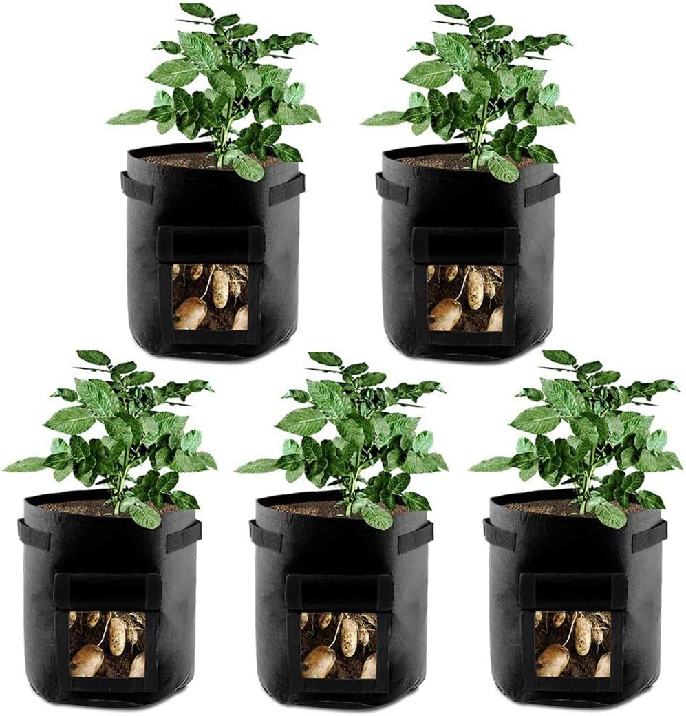 MIFXIN Potato Grow Bags 7 Gallon Potato Vegetable Garden Planter Bag with Flap Handles Nonwoven Aeration Fabric Pot Growing Container for Planting Potato Carrot Tomato Onion (5 Pack, Black)