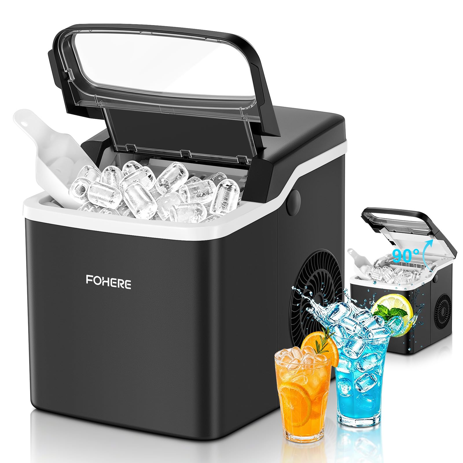 FOHERE Eiswürfelmaschine Klein, Eiswürfelbereiter mit Selbstreinigung, 9 Eiswürfel in 5 Min, 14kg/24H, Tragbarer Tisch-Ice Maker mit 2 Eiswürfelgrößen, Eisschaufel & Korb für Küche, Büro, Bar, Party