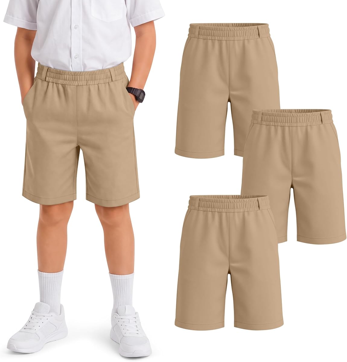 Halfchet Paquete de 3 pantalones cortos de uniforme escolar para niños | Hasta la rodilla, cintura elástica, pantalones cortos deportivos con bolsillos, pantalones cortos de vestir. Regreso a la escuela, jugar, para niños de 5 a 14 años