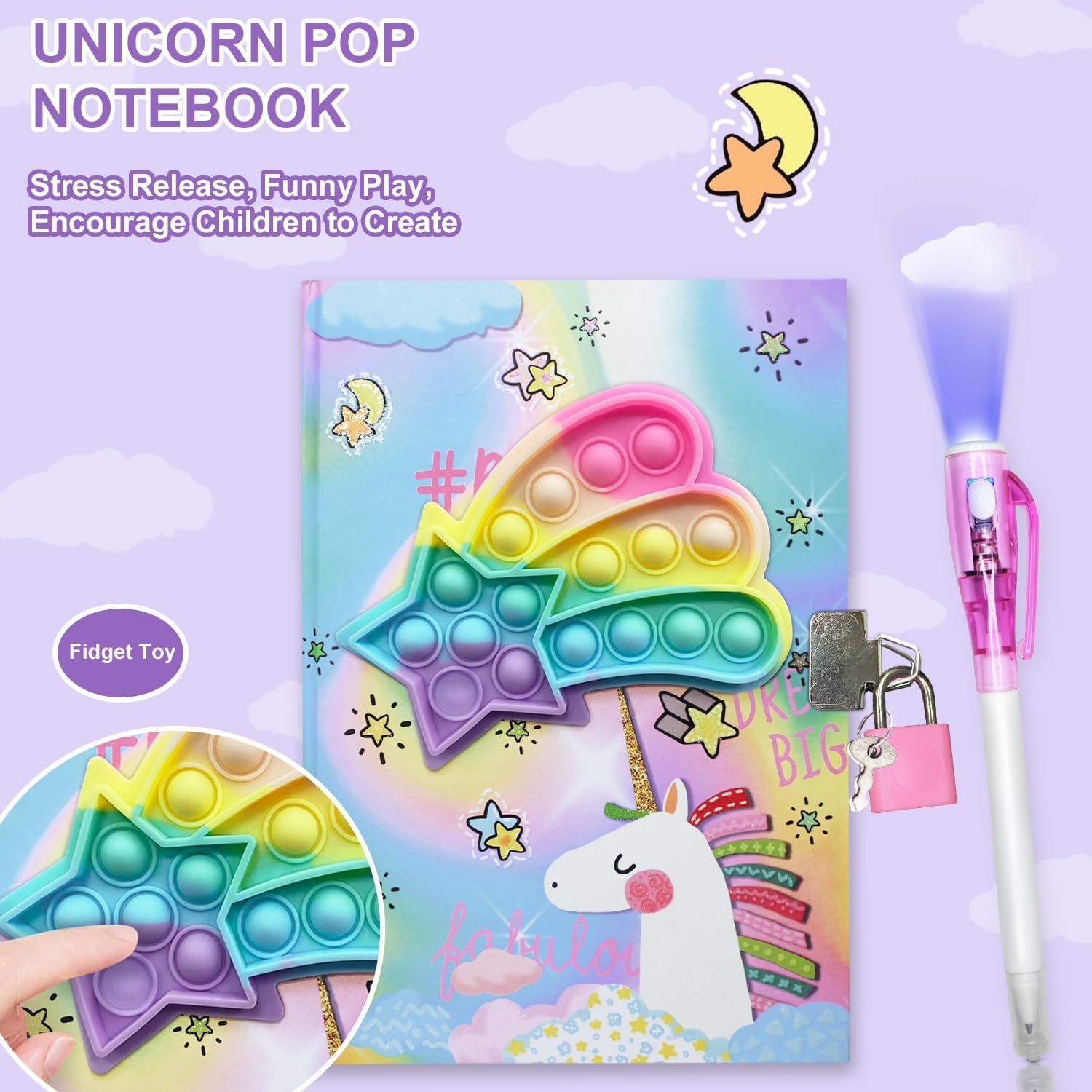 Pop Girls Diary with Lock, Notebooks for Kids w/ Invisible Ink Dual Tip Pen | Birthday Gifts for Girls Journal Small Notebook Magic Pen Set w/ Fidget Unicorn for 5 6 7 8 9 10 Year Old-5x7 Inch 160Page