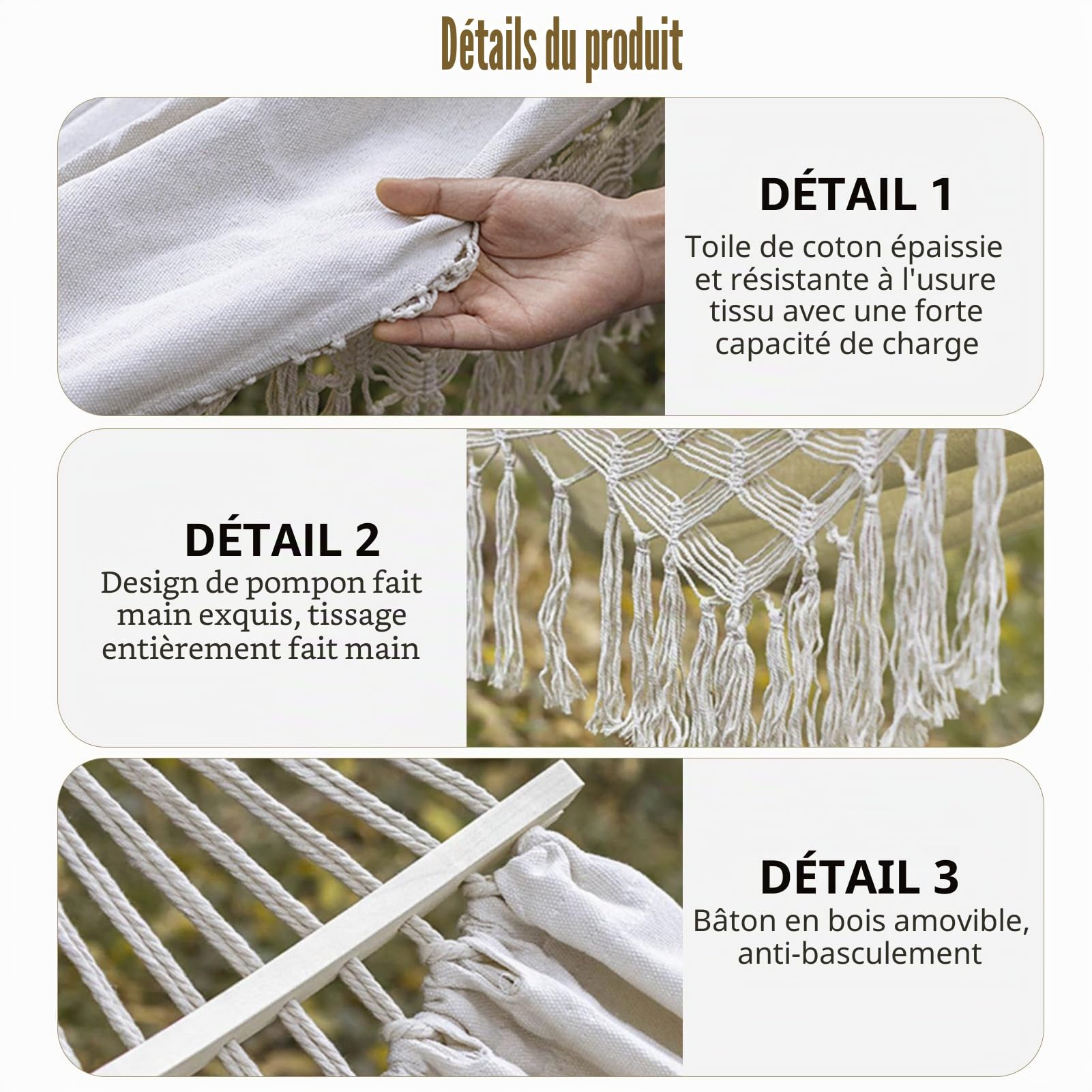 Hamac Extérieur Suspendu de Bohême avec Support, Tige en Bois et Sangle - Toile Macramé (Blanc)