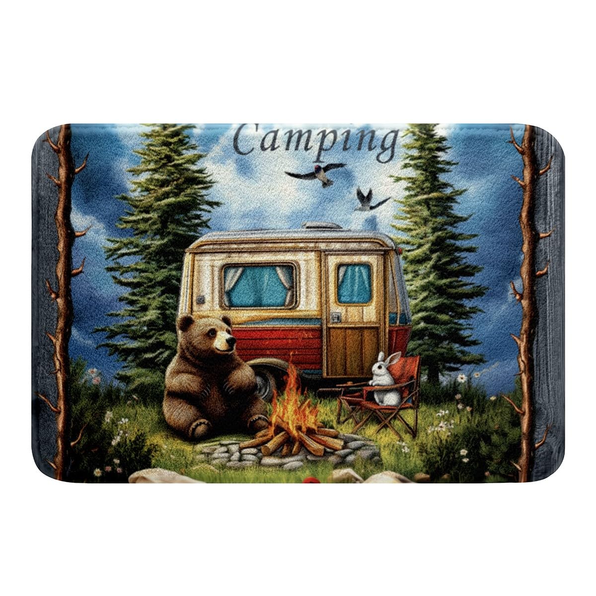 jejeloiu Happy Camping Bathroom Rugs for Kids Boys Girls 16"x24" Travel Trailers Themed Bath Mats Soft Shaggy Absorben Bear Wild Animal Bathroom