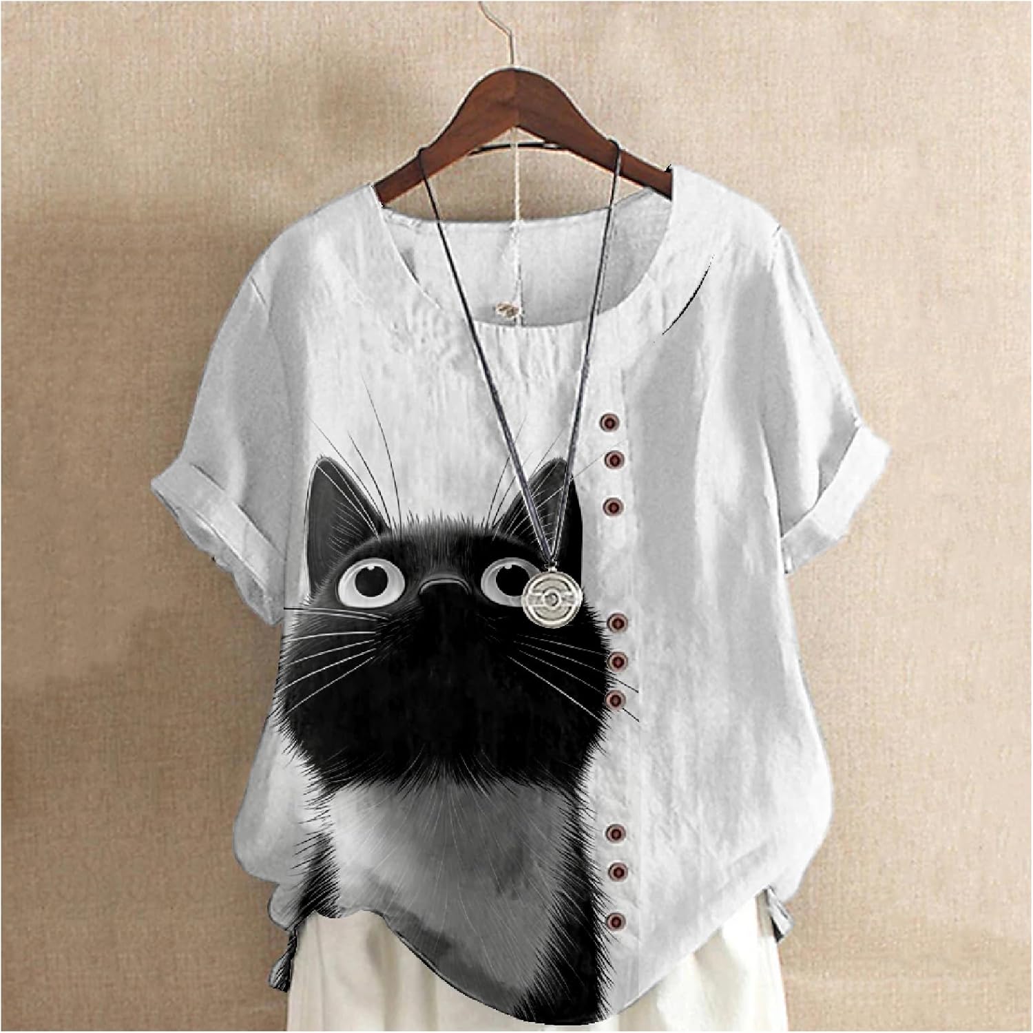 Shirts for Women Cute Cat Print Short Sleeve Crewneck Summer Vacation Fashion Vintage Dressy Casual Tunic Tops - Image 2
