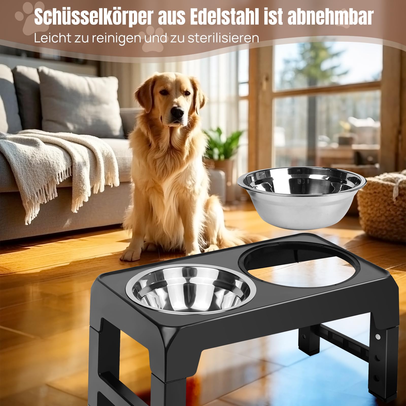 Comedero para perros de altura ajustable, con 2 cuencos de acero inoxidable de 1200 ml, comedero elevado, para perros medianos y grandes, 4 niveles de alimentación regulables, color negro