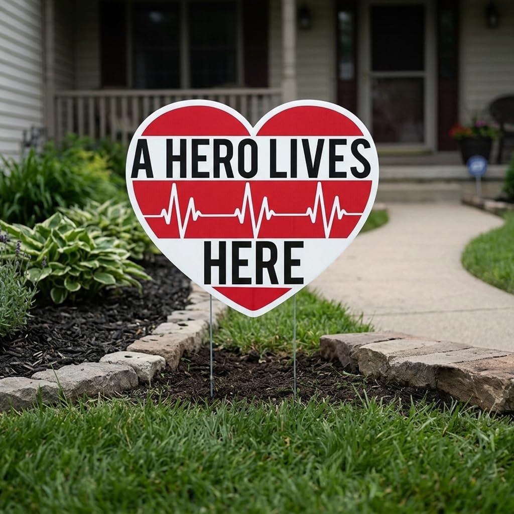 VictoryStoreA Hero Lives Here Yard Sign - Waterproof Heart Shaped Sign, Measures 22x19 Inches Includes 2 Stakes
