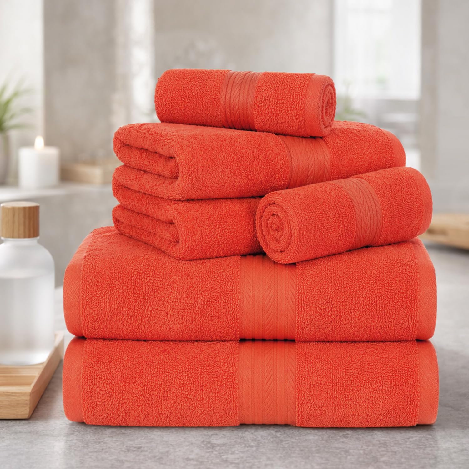 Ample Decor 100% Baumwolle Luxus 6-teiliges Handtuch-Set, 2 Badetücher, 2 Handtücher, 2 Waschlappen für Badezimmer – Orange Handtuch-Sets