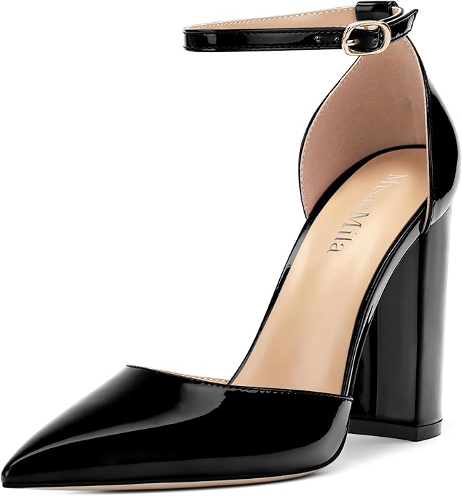 MisaeMila Ankle Strap Heels for Women,Chunky Block Closed Pointed Toe Patent Pumps,Dress Wedding Party Shoes 3 Inch