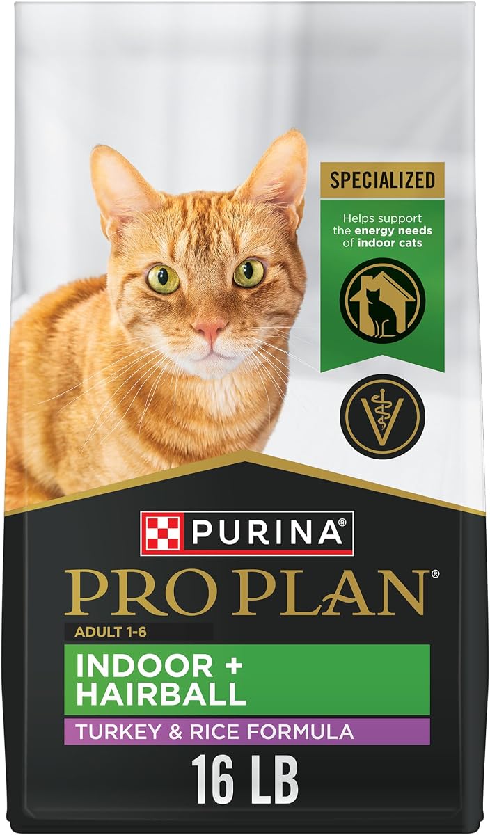 Purina Pro Plan Hairball Management Indoor Dry Cat Food, Turkey, 16 lb Bag | Real Turkey & Rice, high-protein with natural prebiotic fiber for digestive support and natural fiber for hairball control