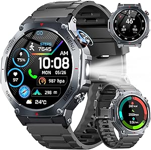 Smart Watch for Men Answer/Make Calls, 1.43″ AMOLED Military Smart Watch with GPS/Torch/Compass/Altitude/Heart Rate/Health Monitor/Blood Oxygen, 5ATM Waterproof, 160+ Sports Smartwatch for iOS Android