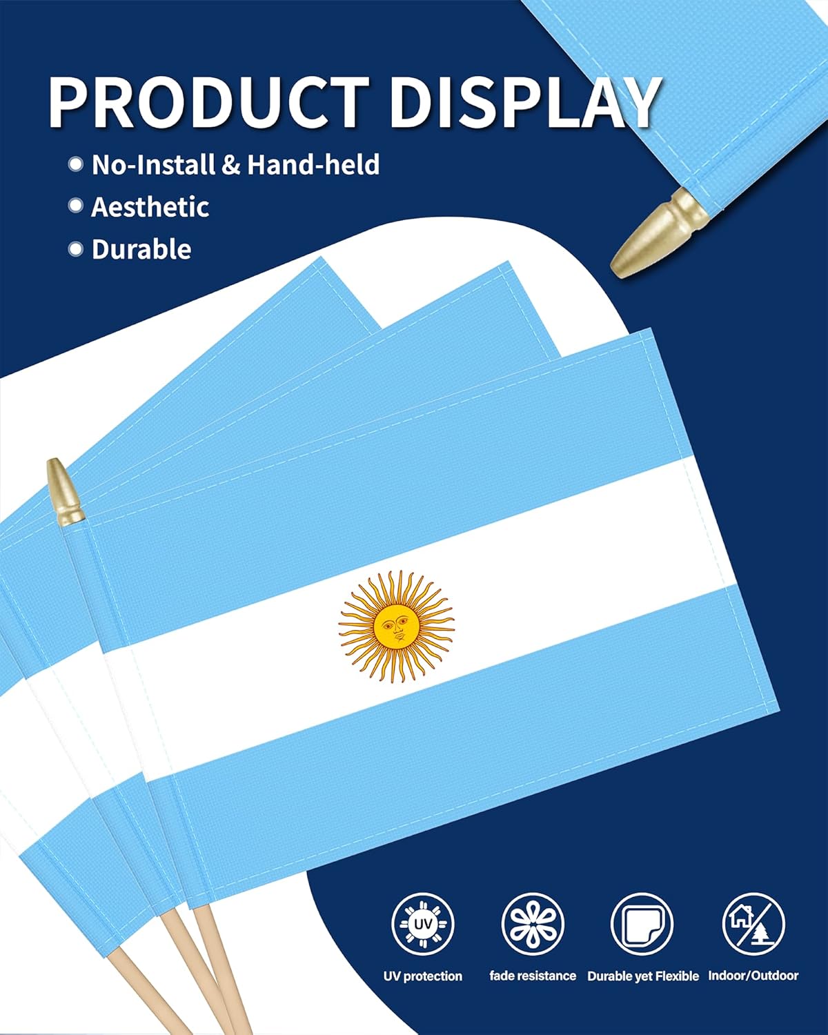 Heavy Duty 12 Pack 12x18 Inch Large Argentine Flags on Stick 35” Tall Argentina Stick Flags Durable Break-Resistant 5/16” Birch Pole 300D Oxford Fabric Argentina Independence Day May Revolution Day Yard & Festival Decorations