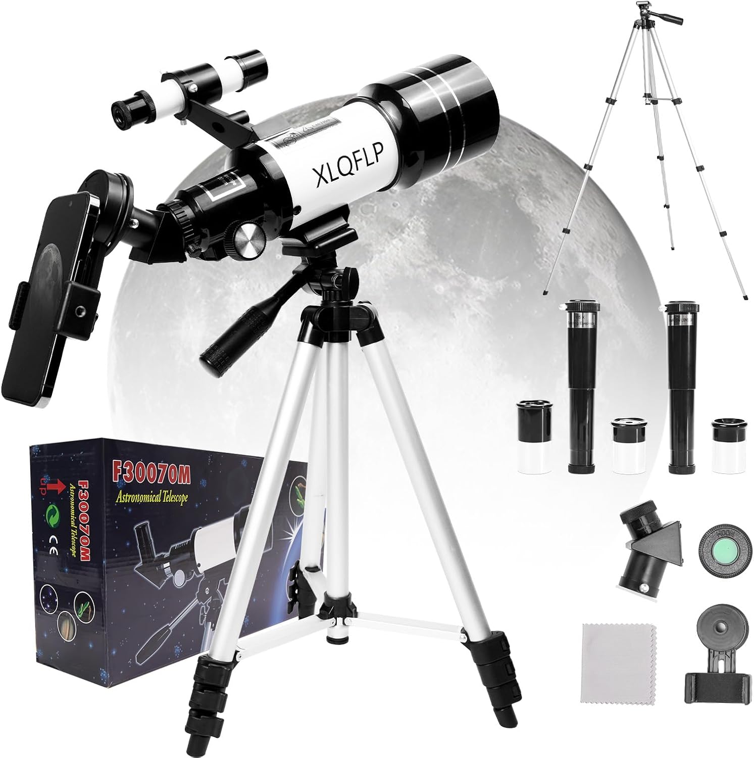 Telescope for Kids & Adults, 70mm Aperture 300mm Telescopes for Astronomy Beginners, 15X-150X Magnification Portable Refractor Telescope with Adjustable Tripod, Phone Adapter, White