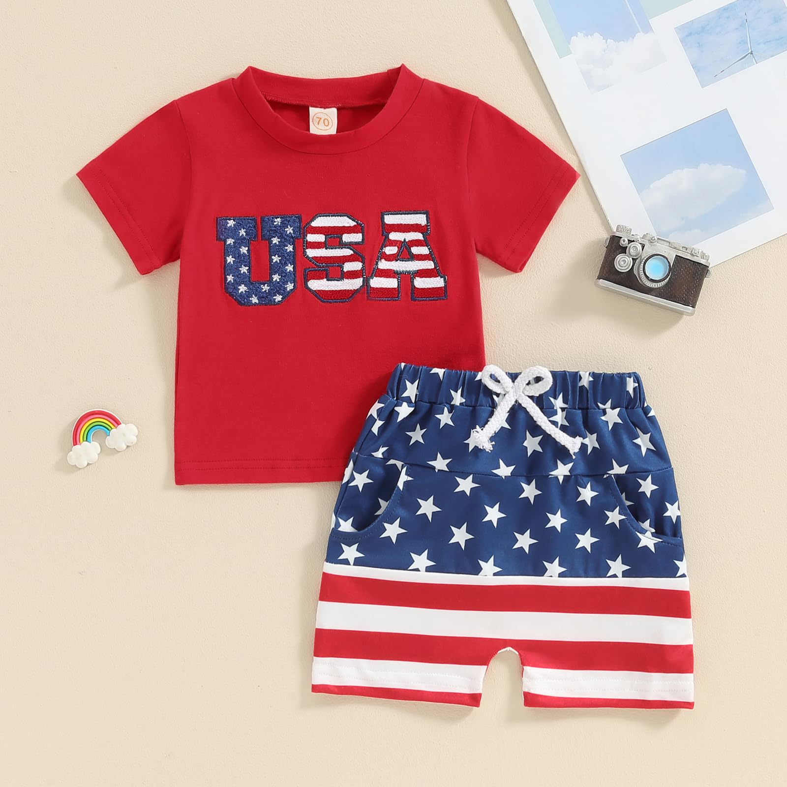 Baby Boy 4th of July Outfits USA Short Sleeve T-Shirt Tops Stars Stripes Shorts Toddler Independence Day Clothes (Red, 12-18 Months)