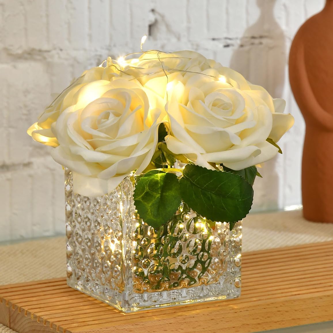 Fule Artificial Silk Rose Flower Centerpiece Arrangement in Glass Vase with LED Light for Home Wedding Decoration (Ivory) - Image 3