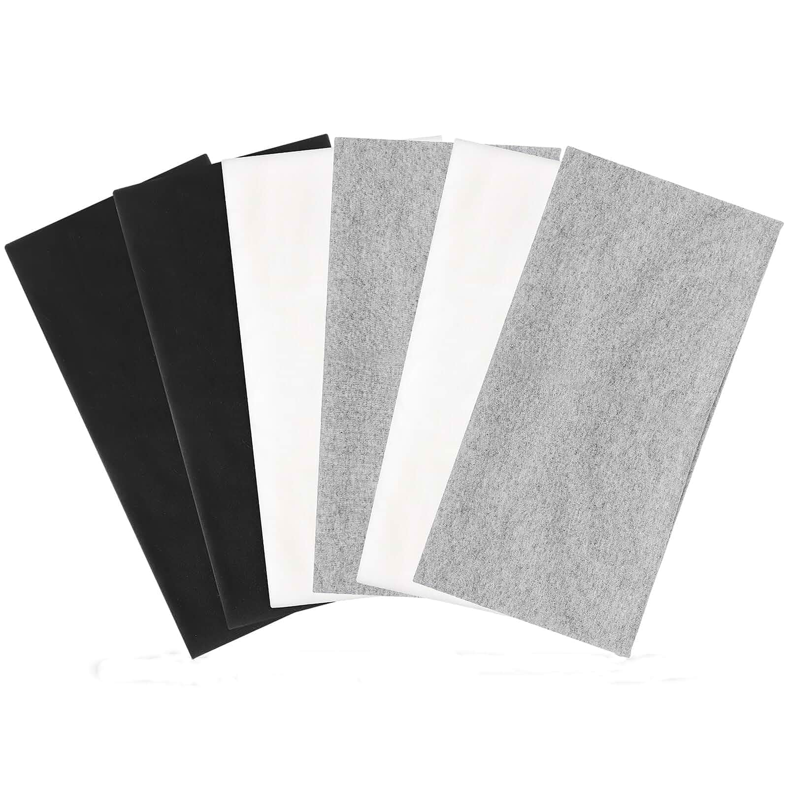 6 Pack Wide Cotton Headbands for Women, Non-Slip Workout Yoga Sports 95% cotton, breathable and sweat absorbing, 9.3 x 4.7 in stretch fit, black white gray, for yoga running gym daily wear