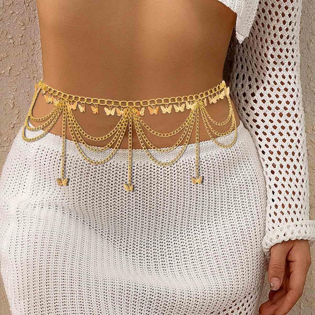 Uranian Gold Waist Chain Belt Layered Belly Chain Butterfly Star Tassel Multi Layer Chain Belts Beach Body Jewelry for Women