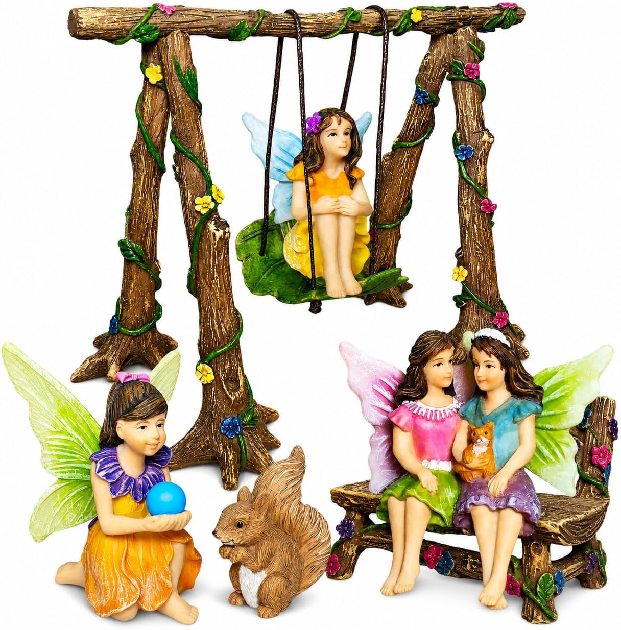 Mood Lab Fairy Garden Figurines with Swing - Miniature Accessories Set (6 pcs) - Outdoor Indoor Garden Decor
