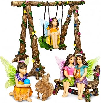 Mood Lab Fairy Garden Figurines with Swing - Miniature Accessories Set 6 pcs - Outdoor Indoor Garden Decor