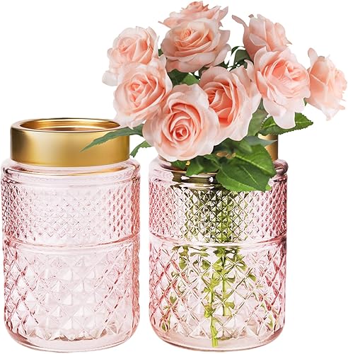 Miniatura 4 de Paquete de 2 floreros de cristal, florero estriado rosa con parte superior de metal dorado, elegante decoración para centro de mesa, cocina, sala de