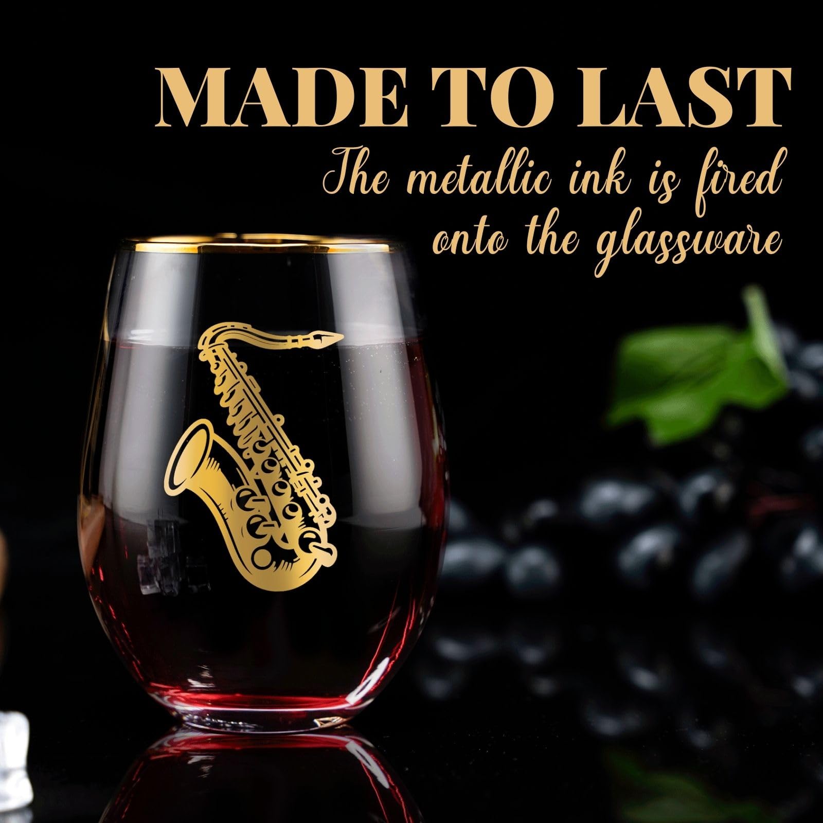 Onebttl Saxophone Gifts, Jazz Gifts for Jazz Lovers, 17 oz Stemless Wine Glass with Foil Stamping Pattern