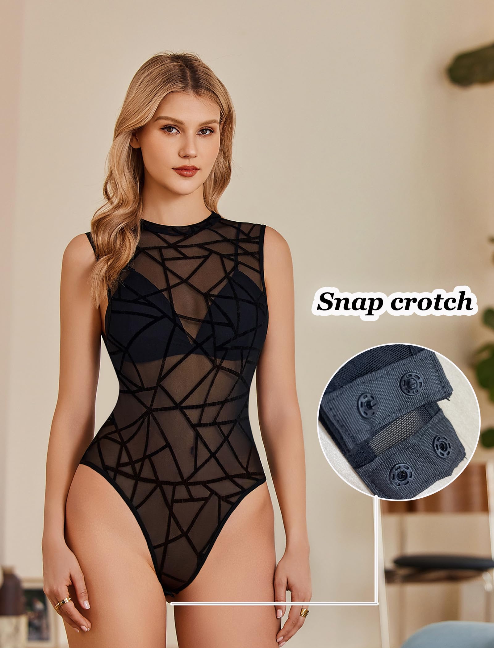 Avidlove Body Dessous Damen Sexy Unterwäsche Elegant Mesh Top Ärmellos Spitzen Bodysuit Rundhals-Ausschnitt Festliches Oberteil Rave Party Club Netzoberteil