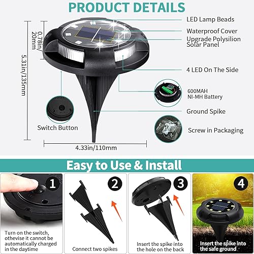 Miniatura 5 de Luces solares de tierra, paquete de 8 luces LED de disco solar para exteriores, impermeables, iluminación de paisaje en el suelo para jardín,