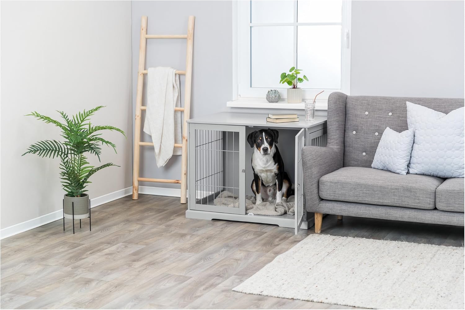 Gray Large Wooden Dog Crate Table with Lockable Doors