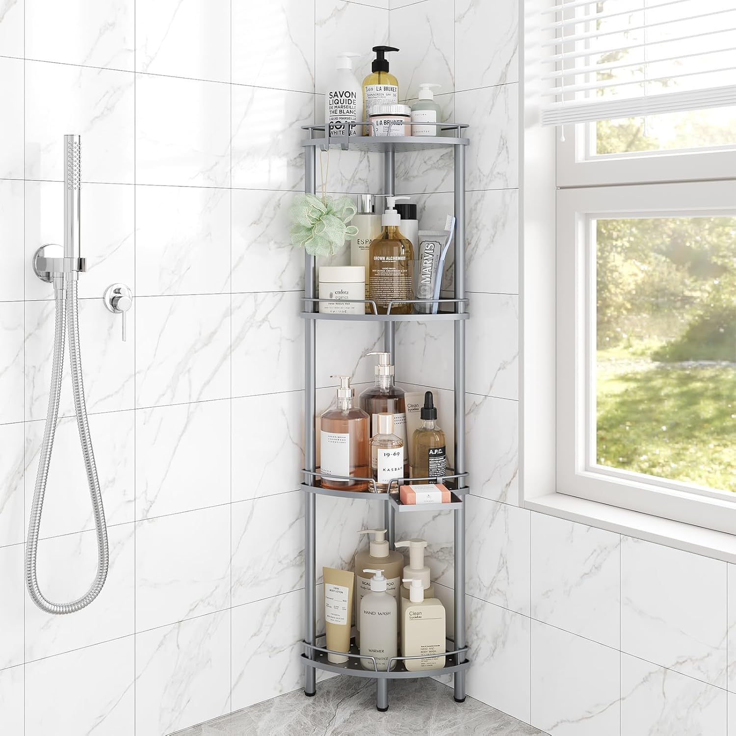ELYKEN Corner Shower Caddy Standing, 4 Tier Rustproof Metal Shower Organizer with Soap Holder, Floor Corner Shelf Rack Storage Stands with Adjustable Feet & 2 Hooks for Bathroom, Sliver