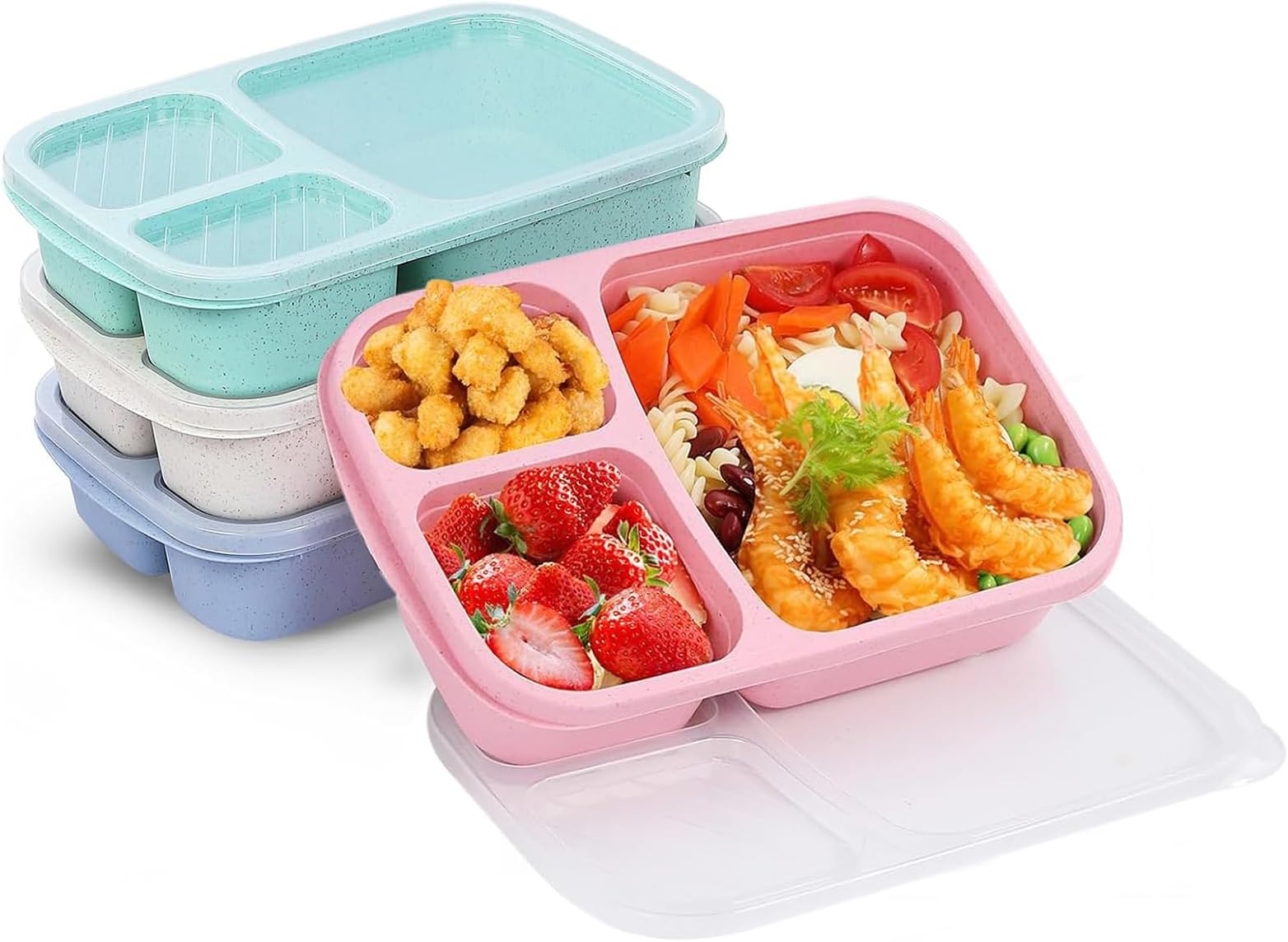 SPNOR 4 Pack Bento Lunch Box Set 3 Compartment Wheat Straw Meal Prep Food Storage Containers Plastic, Microwave and Dishwasher Safe