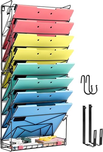 GALASALA Wall File Organizer, 10 Pockets Mesh Hanging File Organizer, Mail Organizer Wall Mount With Hooks, Wall Organizer Magazine Rack for Office