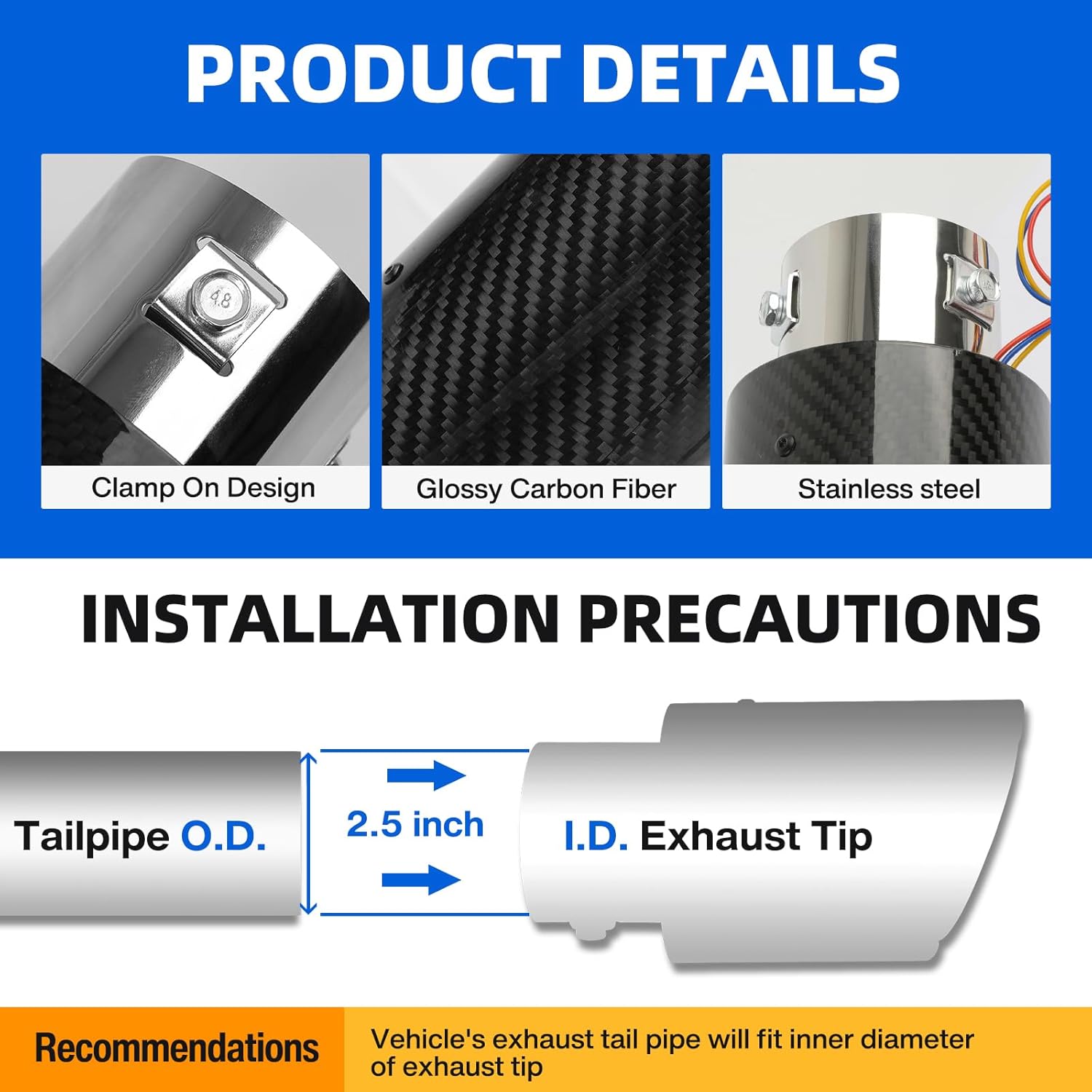 Carbon Fiber Exhaust Tip with Blue/Red Led Light 2.5" Inlet 3.5" Outlet Exhaust Tail Pipe Tips Universal Stainless Steel Muffler Tip Compatible with chevrolet camaro LT RS Ford Mustang EcoBoost GT