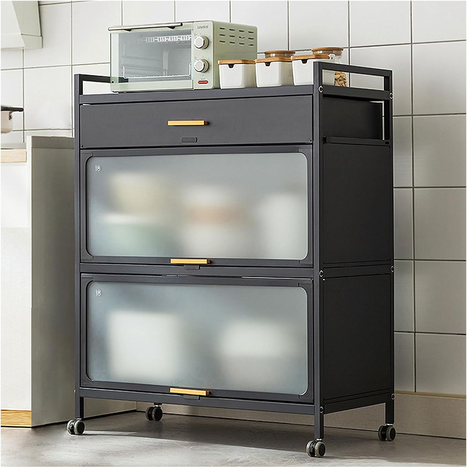 5 -Tier Microwave Stand with Flip Door Cabinet, Standing Bakers Rack for Kitchen Storage, Metal Shelves with Brakeable Casters and Drawer for Kitchen Pantry Living Room,Black,60×170cm/23.6×67in