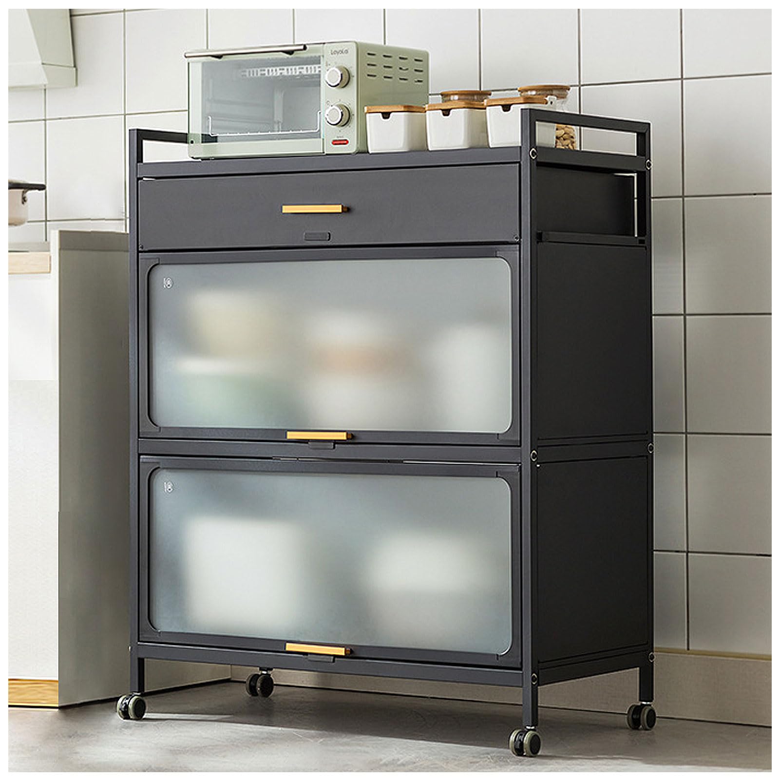 Cassettiera da cucina a 5 ripiani con ante a ribalta e cassetti, carrello per forno a microonde con ruote frenabili, armadietti per dispensa da cucina, 80 x 102 cm