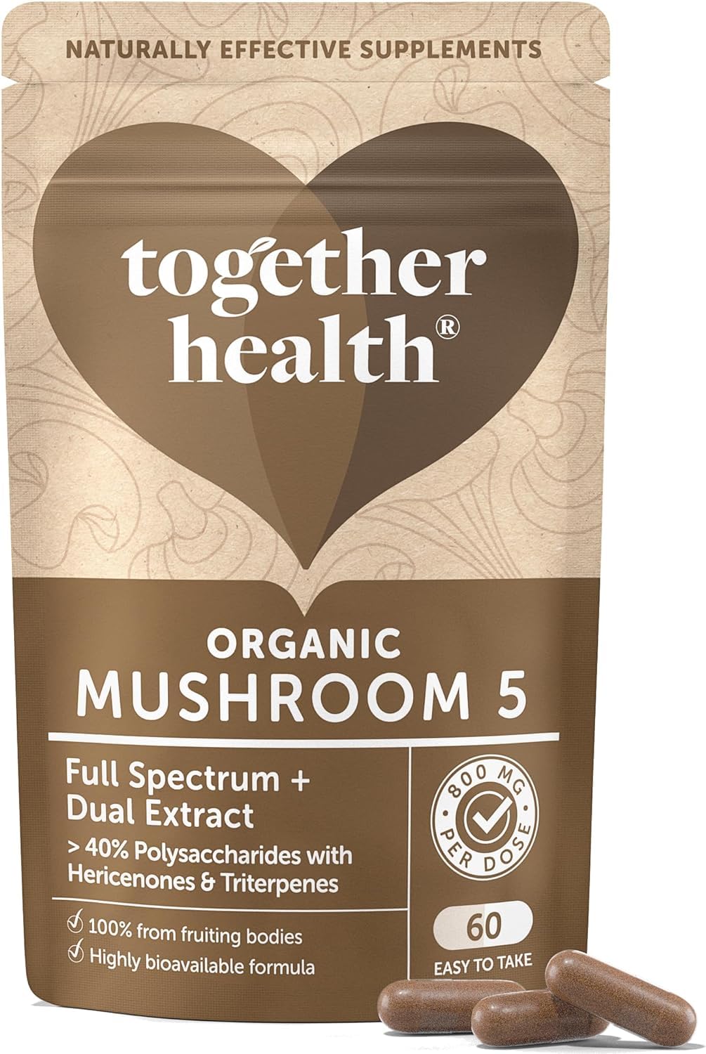 Organic Mushrooms 5 Complex | High Strength 10000mg 20:1 Dual Extract Full Spectrum | 100% Fruiting Bodies | Guaranteed 40% Polysaccharides & 30% Beta-glucans, Hericenones | 60 Capsules
