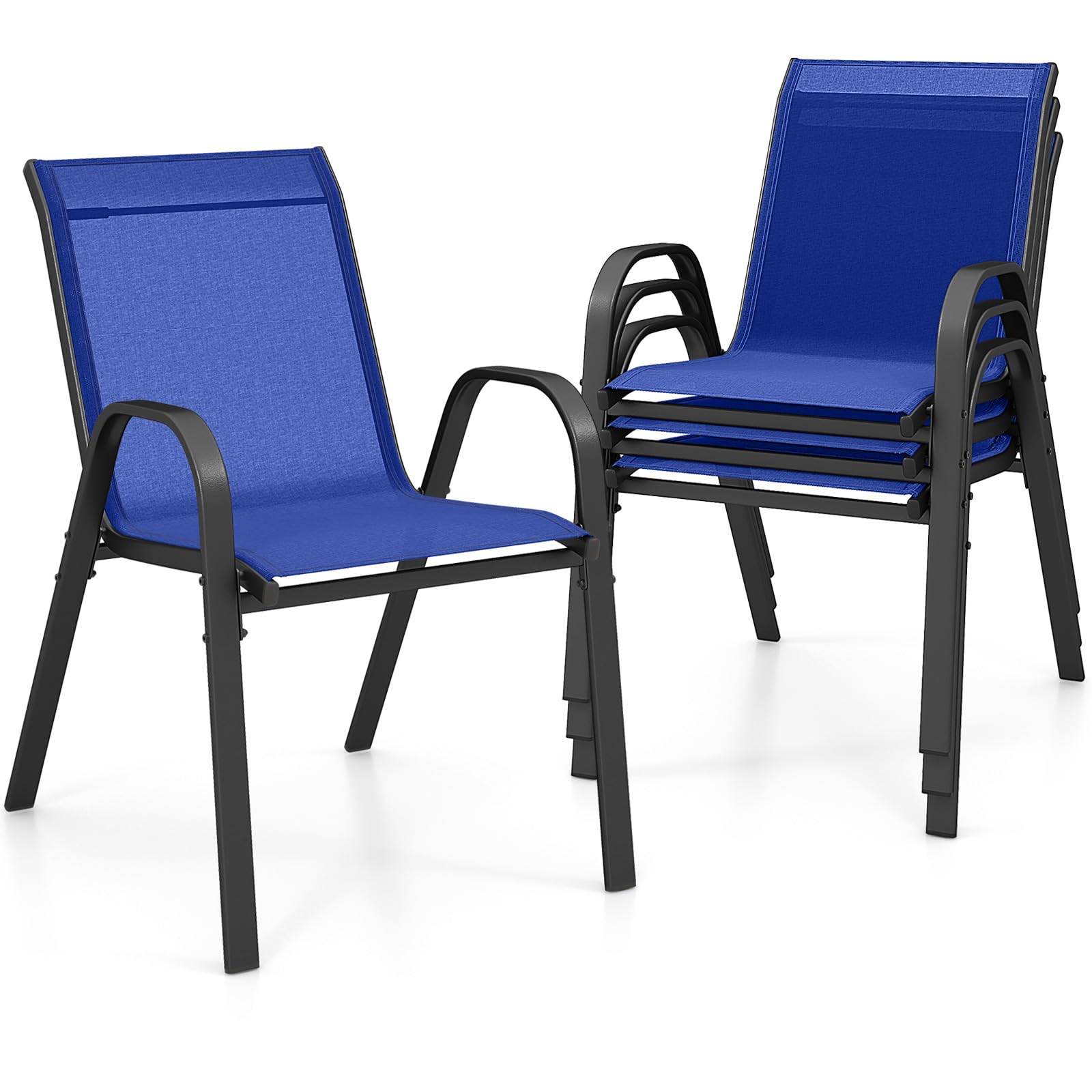 GIANTEX Juego de 4 Sillas de Exterior, Silla de Comedor Apilables con Marco de Acero con Reposabrazos y Respaldo, 56 x 70 x 84 cm, Sillas Ergonómicas para Piscina, Terraza, Jardín (Azul)