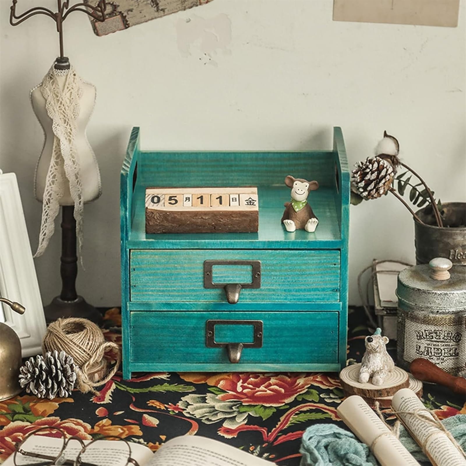 Suministros de costura, kit de costura, cesta de costura de madera, caja de costura con 2 cajones de almacenamiento, caja de almacenamiento de madera, cómoda rústica, azul (color: azul) ( Color : Blu