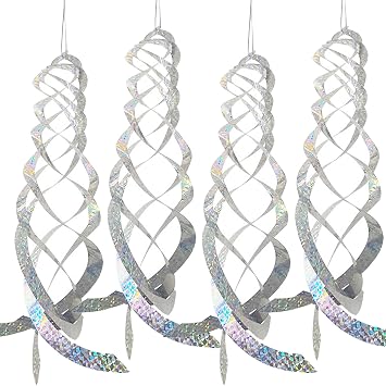 4 Pieces 20 Inches Silver Spiral Bird Reflectors Deterrents for Outside, Hanging Mylar Reflective Wind Spinner Bird Repellent Devices Keep Animals Away for Outdoor Patio Lawn Garden Decorations