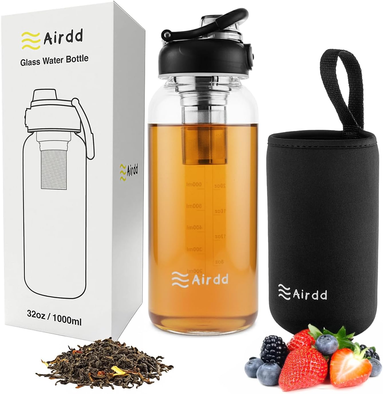 Glass Water Bottles with Stainless Tea Infuser 32oz, BPA-Free, Wide Mouth, Leakproof, Protective Sleeve, Borosilicate Glass for Tea and Fruit Infusions, Durable Travel Companion, Reusable Bottle
