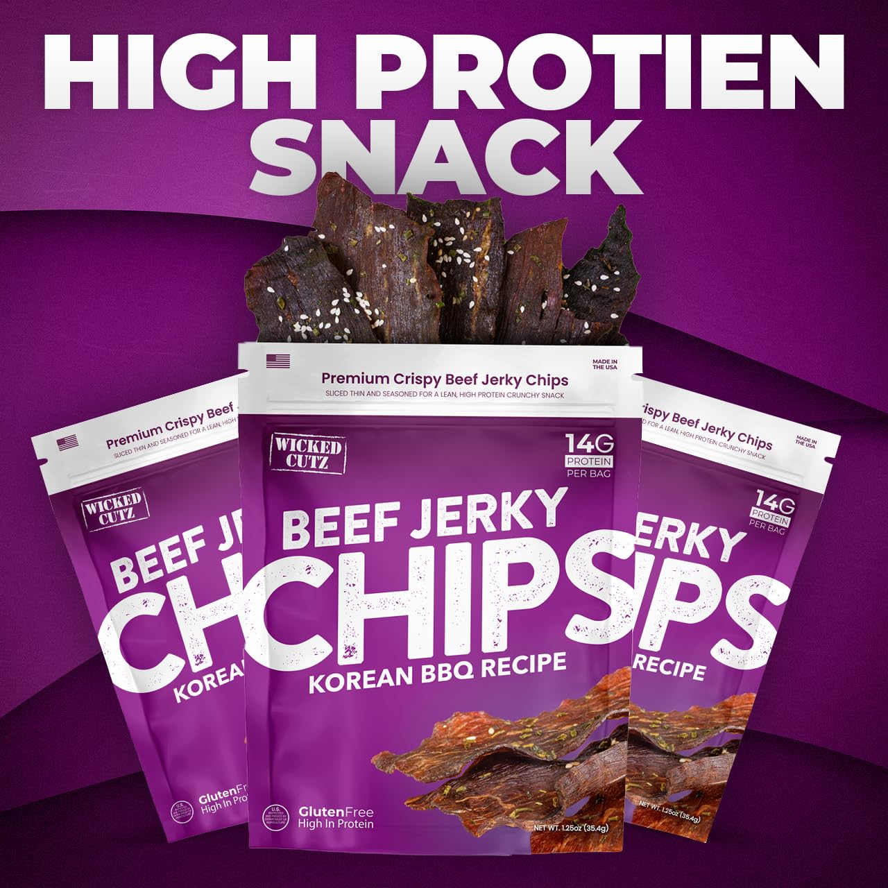 Wicked Cutz Jerky Chips Variety Pack, Up to 28g Protein Per Bag, Cracked Pepper, Teriyaki, Roasted Red Pepper, & Korean BBQ Flavored Beef Jerky Crisps, USA Made High Protein Carnivore Snacks (4 Bags)