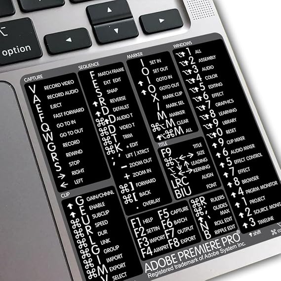 Premiere Pro Reference Keyboard Hotkeys Decals for Mac OS Black, White Background