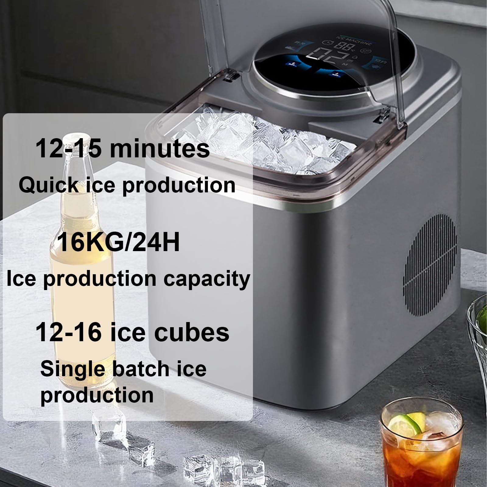 Genérico Máquina de Hielo portátil con Grosor Ajustable, fabricación rápida de Hielo en 12-15 Minutos, Pantalla Digital para Uso en el hogar, la Oficina y campamentos (Gris 12.08 * 9.33 * 15.07in)