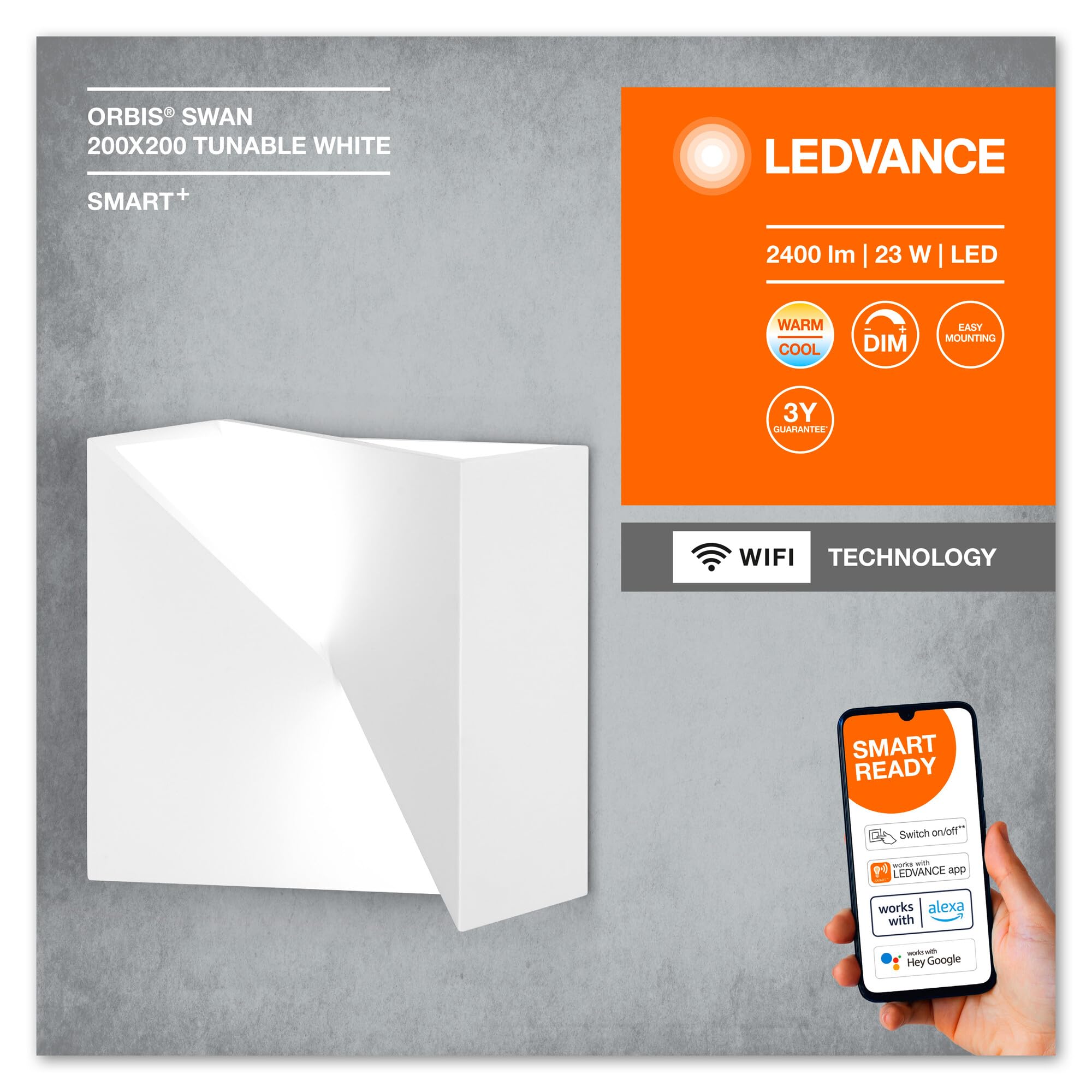 LEDVANCE ORBIS SWAN SMART+ Wi-Fi Leuchte, dimmbare LED Wandleuchte für den Innenbereich, 23W, Farbtemperatur von 3000-6500K, 600 Lumen, bemalbarer Oberfläche, quadratische Form 20x20cm