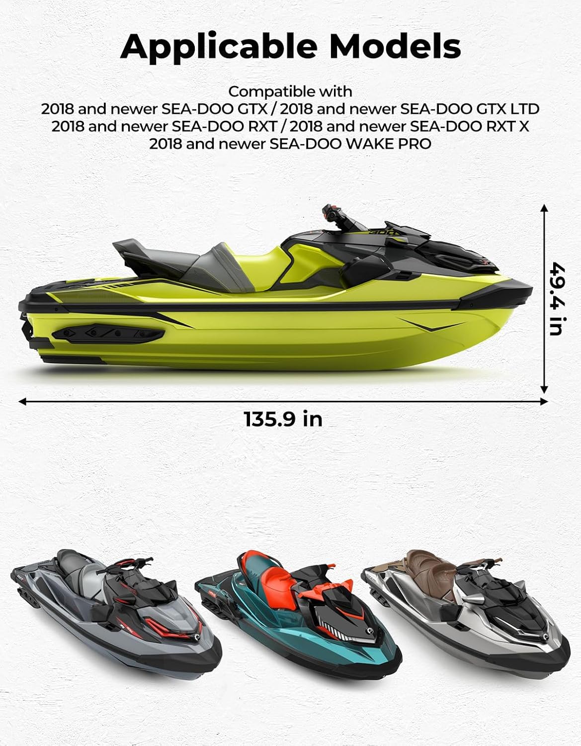 KEMIMOTO Jet Ski Cover - Compatible with Yamaha Seadoo, Motorboat Cover 2 3 Seater Waterproof UV Resistant 600D Heavy Duty Marine Grade Cover with Air Vents