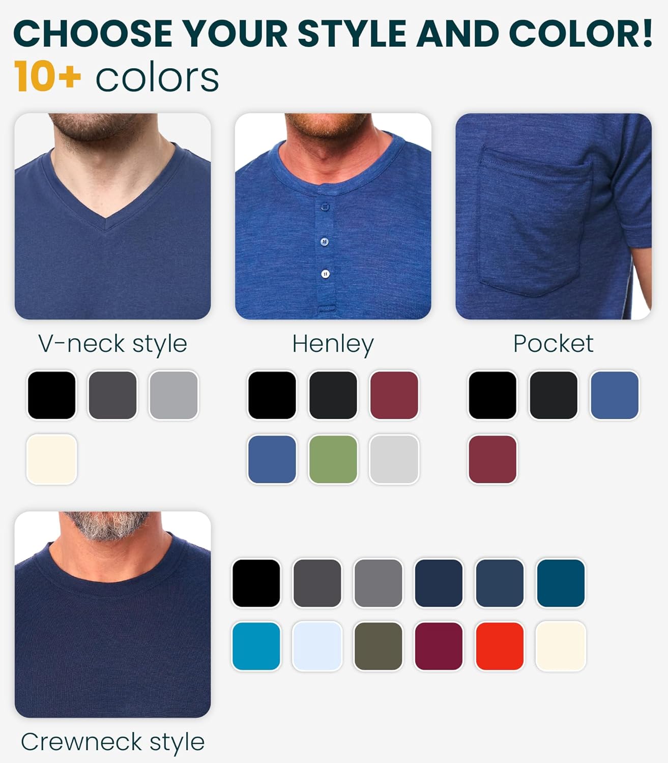 Merino Wool T-Shirt Mens - Short Sleeve Merino Wool Shirts for Men Sport Lightweight Thermal Base Layer Hiking Tshirt Henley