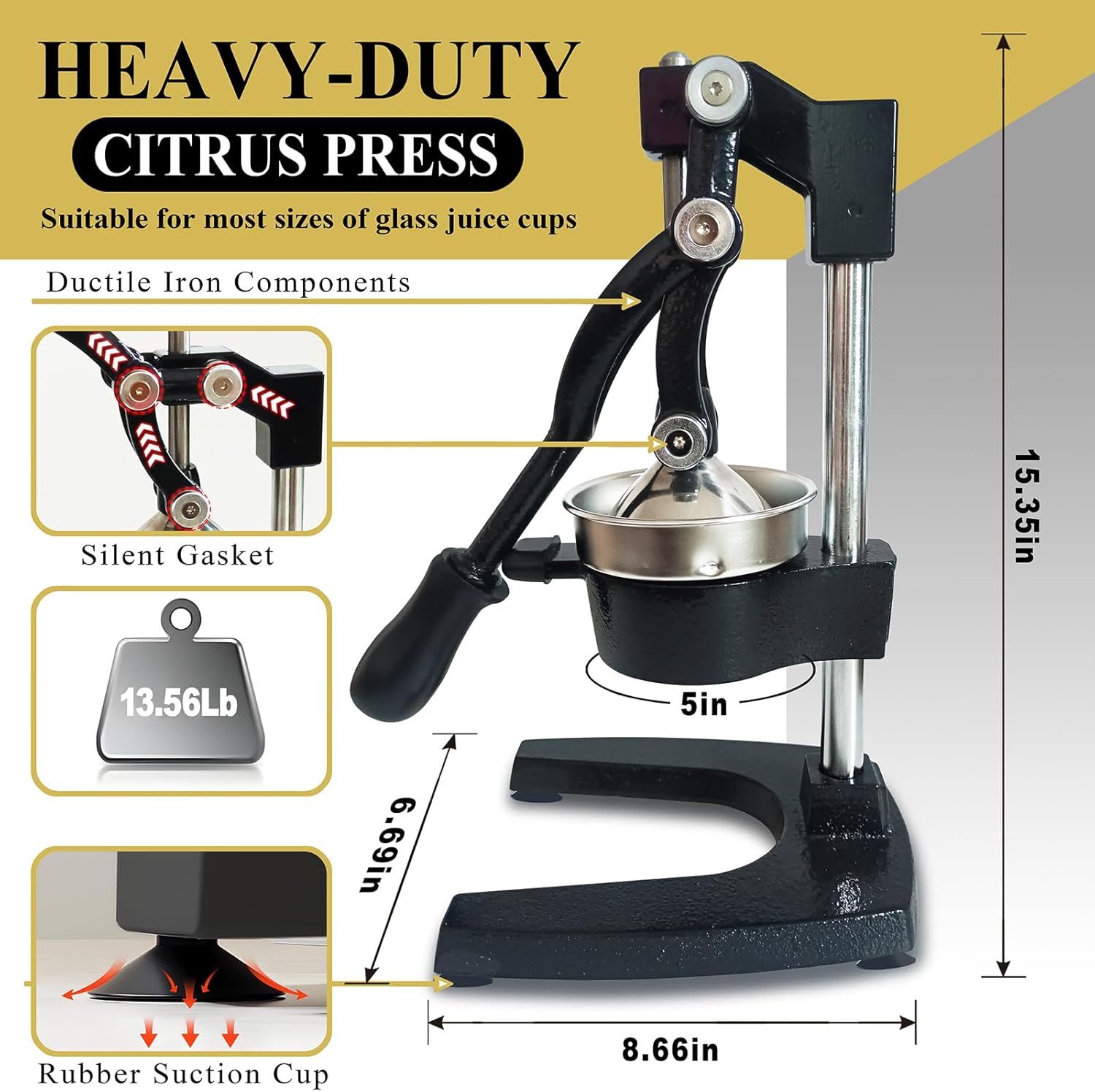 Cast Iron Hand Press Juicer, Commercial Heavy Duty Metal Manual Citrus Fruit Juice Extractor for Orange Pomegranate Grapefruit, Professional Stainless Steel Lemon Squeezer Machine, Easy Clean (Black)