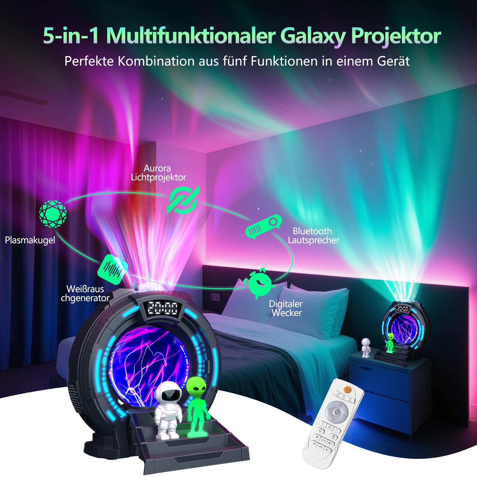 Galaxy Projector,Sternenhimmel Projektor Aurora Lampe mit 8 Polarlichtern & 8 Weißrauschen, Astronaut Projektor mit Plasma Ball, Bluetooth Lautsprecher,Creative Lighting,Einschlafhilfe & Entspannung